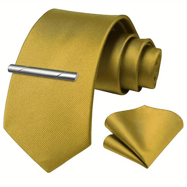 Single-colored men's tie with handkerchief and tie buckle