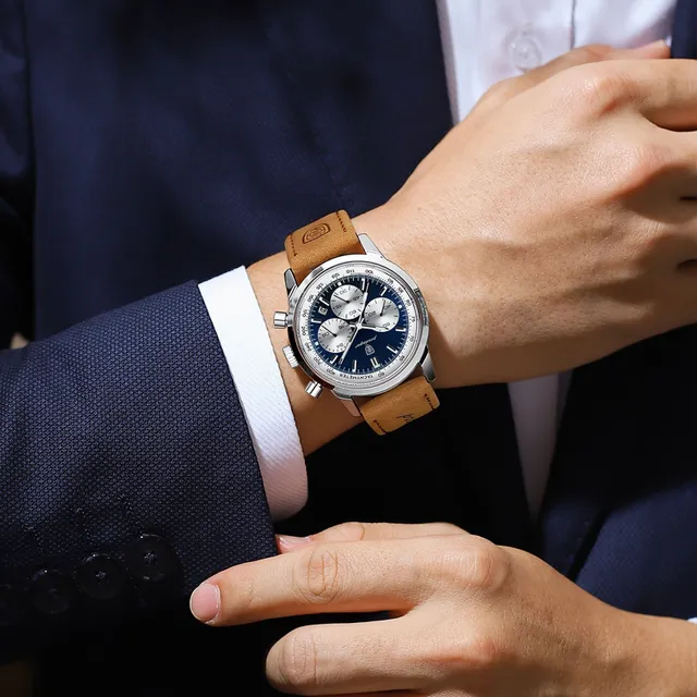 Ceasuri cronograf pentru bărbați, de afaceri/casual, cu cuarț și lumină, analogice, cu curea din piele PU, cu afișaj de dată