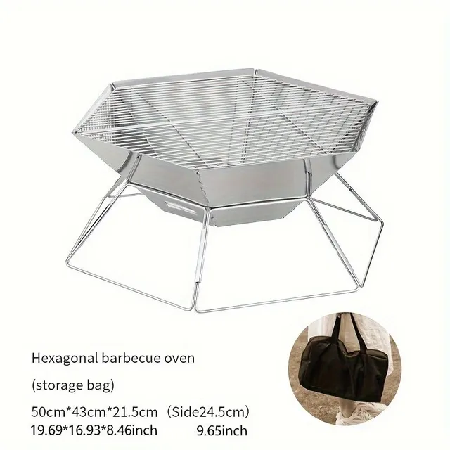Barbecue grill for charcoal - hexagonal, stainless steel, folding - for camping and garden parties