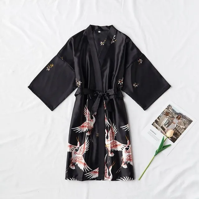 Ladies satin dressing gown with birds print