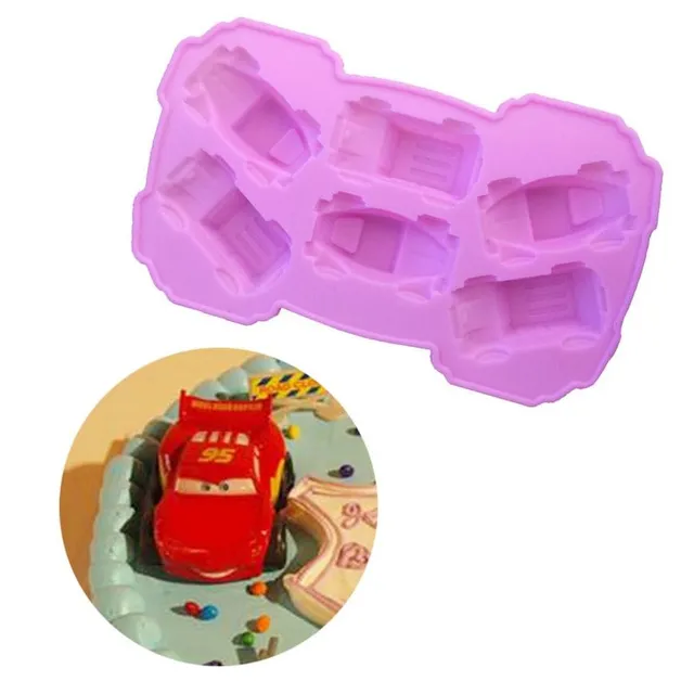 Silicone violet cake mould and various decorations - cars