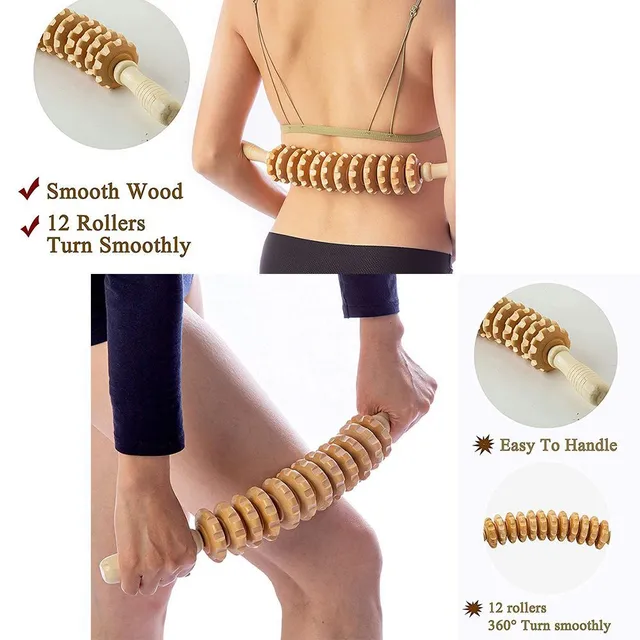 Wooden massage roller, hand stick on cellulite and trigger points, lymphodrain cylinder against cellulite and muscle relaxation