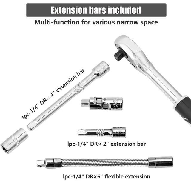 46 piece Ráčnová set with 1/4" sockets - Metric, with Cr-V heads 4-14 mm, extension adapters, for home car repairs