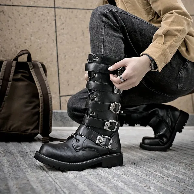 Men's motorcycle shoes with buckles and side zippers, anti-slip, high, into nature