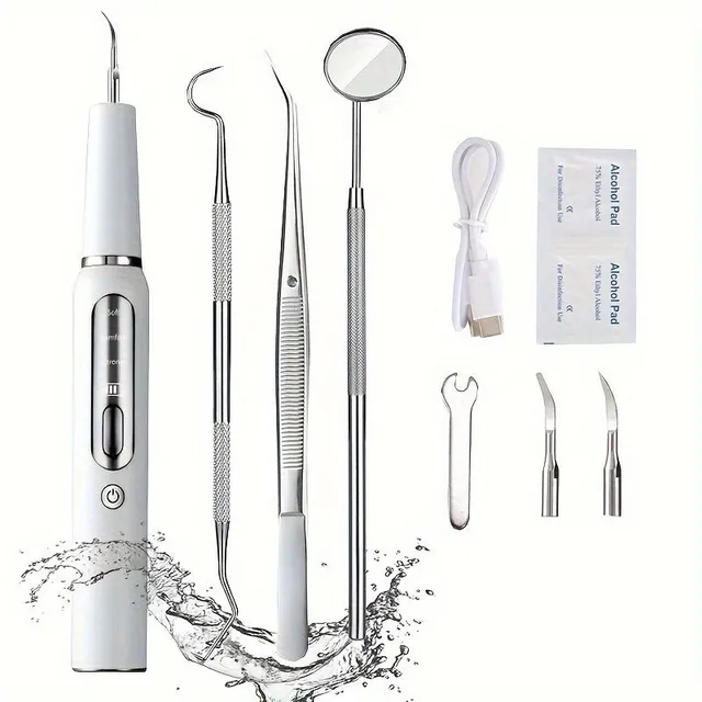 Odstraňovač zubov - Elektrický čistič zubov pre plak a kameň s LED svetlom, 3 režimy (nabité), súprava na čistenie zubov s náradím, 2 výmenné hlavy