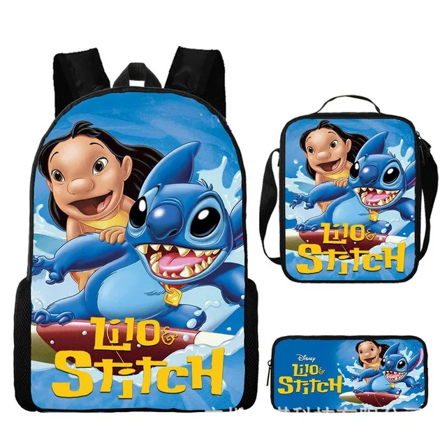 Set pentru copii cu 3 piese școlare cu motivele personajelor animate preferate Lilo și Stitch Rucsac / Geantă peste umăr / Penar