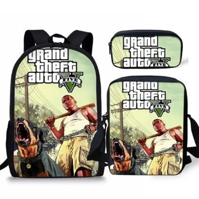 3ks/sada školských tašiek a peračníka s cool potlačou Grand Theft Auto