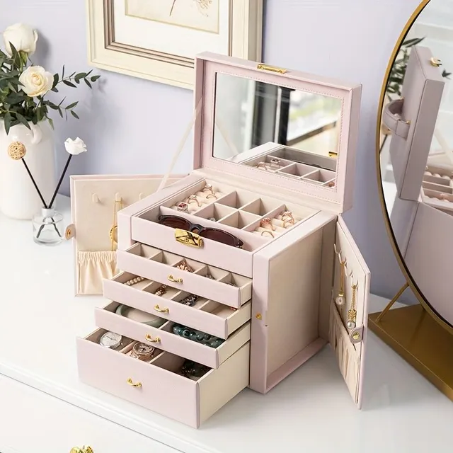 1 piece Large jewelry box, 5-storey PU leather organizer with lock, multifunctional storage case with mirror