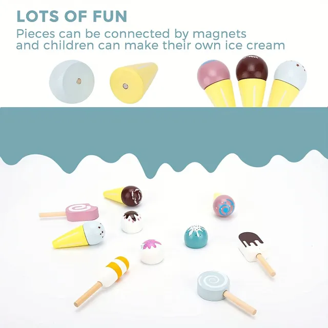 Wooden ice cream set for children: counter, hills, ice cream and accessories