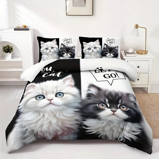 Set of 3 pcs Black and white Cute Kittens On Bedding (1 Bedding on the duvet + 2 On the pillows, Pillows Not included), Soft and Breathable HD Printing Set On Valentine's Day Pro Home A Dorm