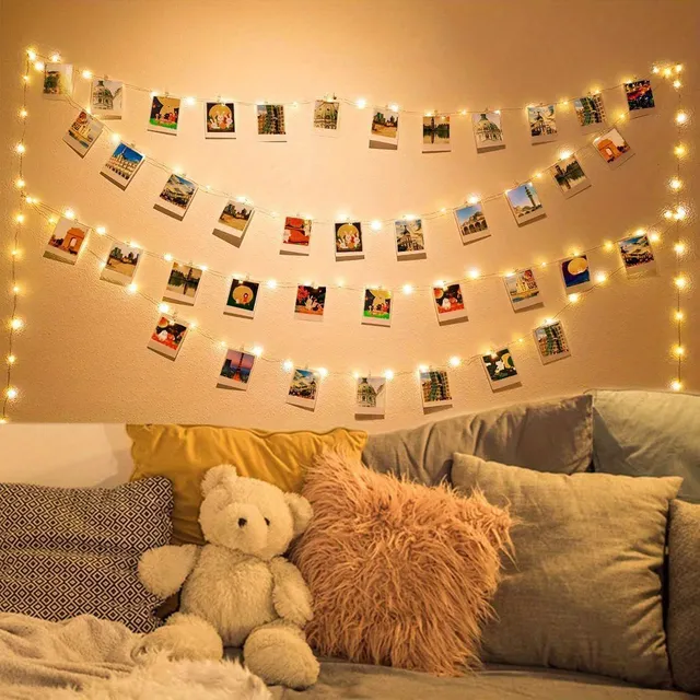 Light chain with clips for photos - 100 LEDs, 40 wooden clips, photos, parties, Christmas and Halloween decorations