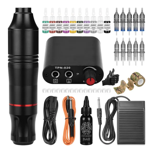 Tattoo kit with cordless machine, power supply, power cable, 10x tattoo cartridges and other accessories 15,5 x 2,7 cm