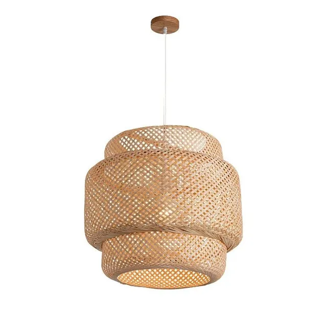 Handmade bamboo hanging chandelier Hinged ceiling chandelier Light bulb E27 Hand-woven lamp with white hanging wire and wooden ceiling plate 30 x 35 cm