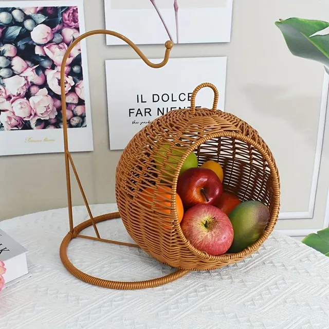 Knitted basket of artificial rattan for fruit, pastries and small snacks