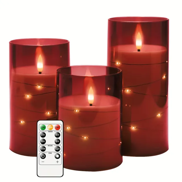 Safety LED candle with 3D flame and glass body for battery, with built-in light chain in the shape of stars - candle with remote control and timer.