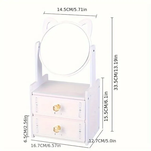 Otočné kosmetické zrcátko s úložným šuplíkem na šperky a kosmetické potřeby - Roztomilé kočičí uši a multifunkční přihrádky
