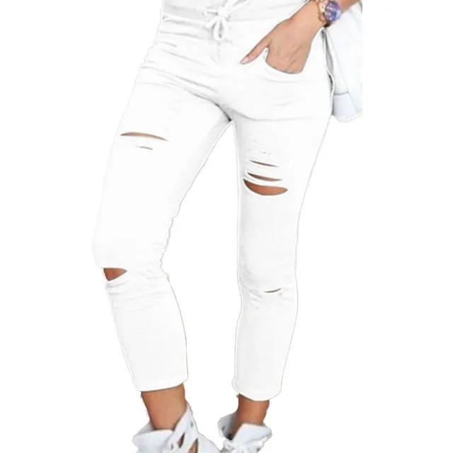 Women's skinny jeans with holes and drawstring