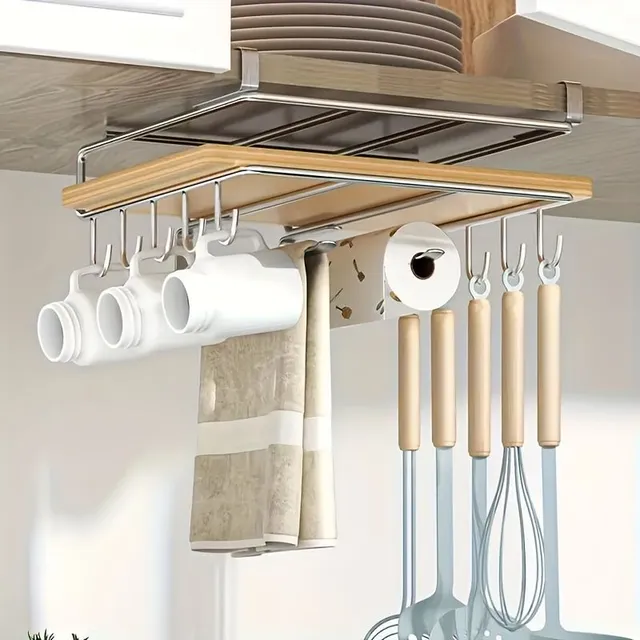 Raft suspendat din oțel inoxidabil - organizator pentru bucătărie: pentru cuțite, vase, prosoape de bucătărie, căni + cârlige