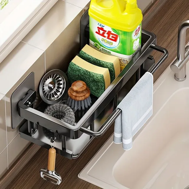 Wall multi-function kitchen utensils basket with rag holder, spices, soap and sponge
