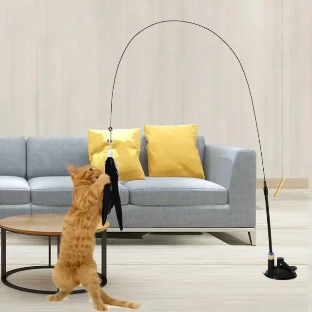 Interactive toy for cats with feathers on pole
