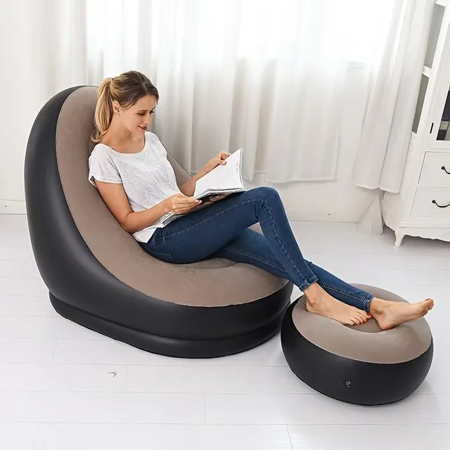 Portable lazy inflatable chair with foot pump, color box cover, modern home/outdoor sun lounger