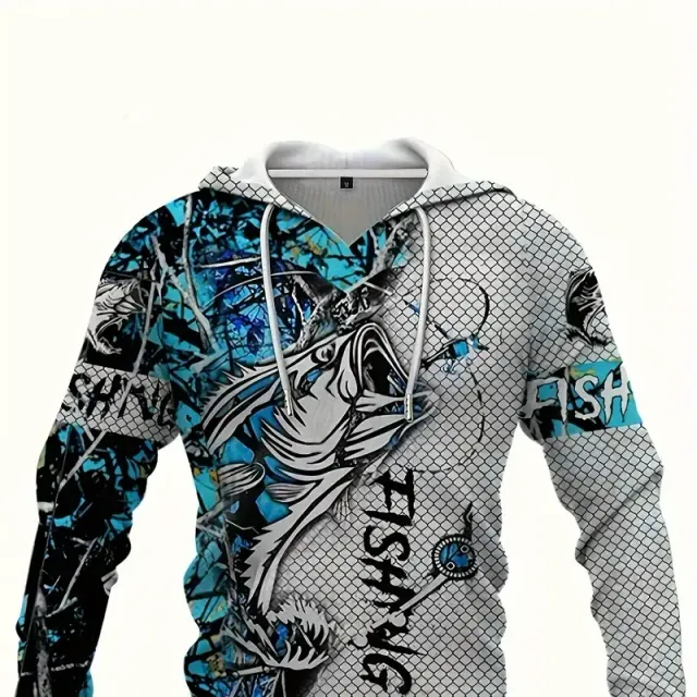 Men's casual sweatshirt with hood and 3D printing of a fishing pattern