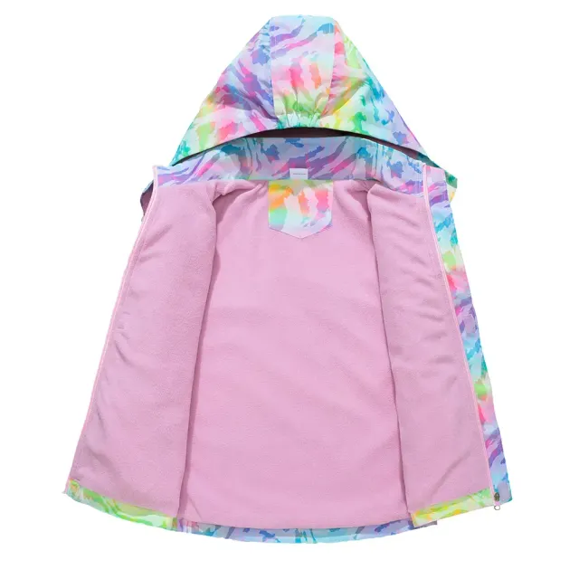 Girl rain jacket with hood and camouflage in rainbow colors - Waterproof and light baby jacket with removable hood and fleece lining