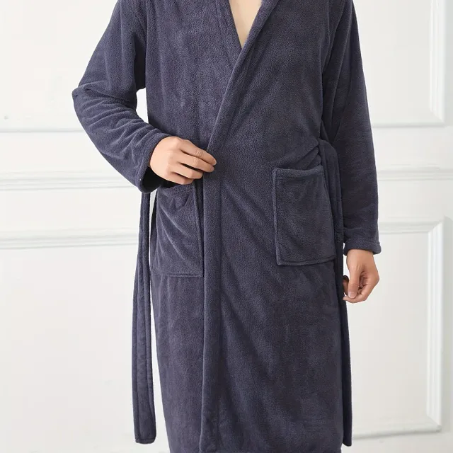 Men's soft long robe with hood in solid colour