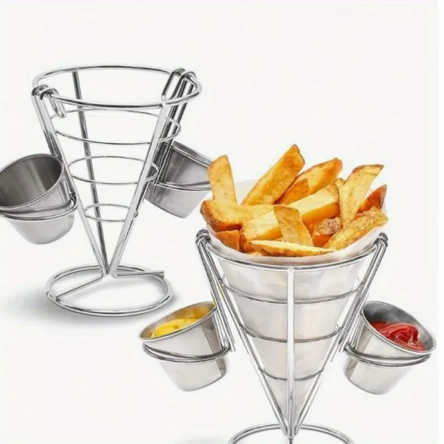 Metal serving basket for fries with 2 sauce bowls and a chicken wing basket