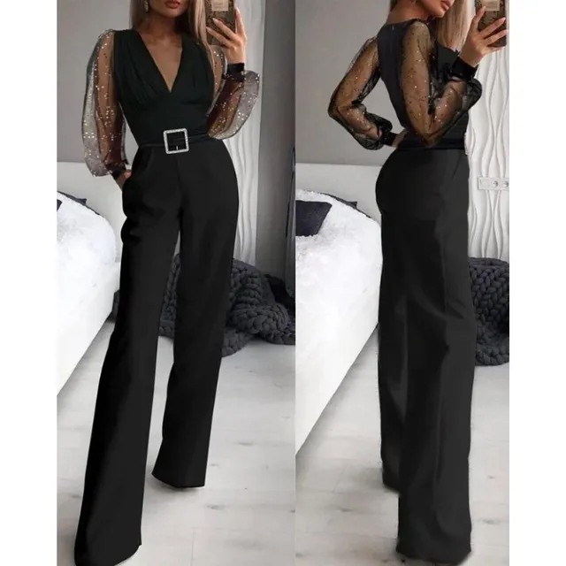 Women's fashionable sexy jumpsuit with V-neckline, shimmering semi-transparent mesh, wide legs and pockets