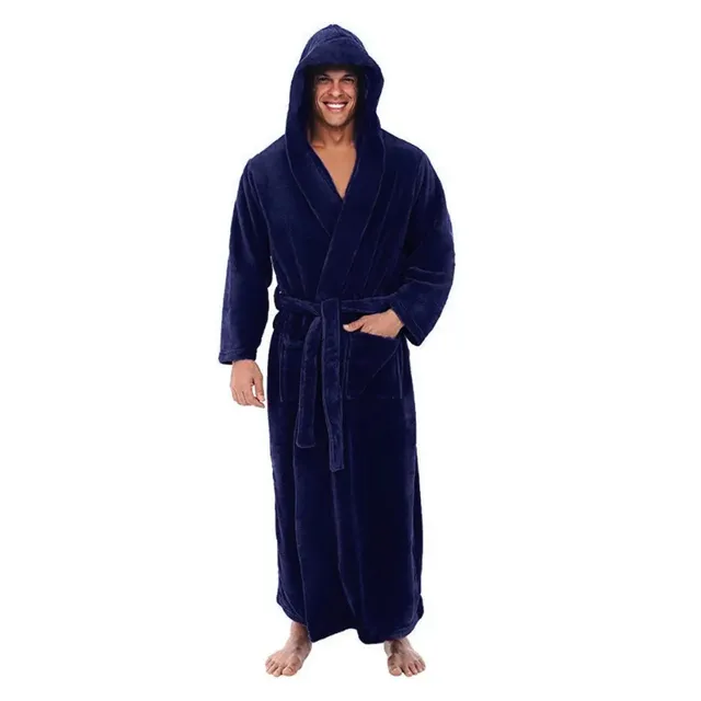 Men's soft long robe with hood in solid colour