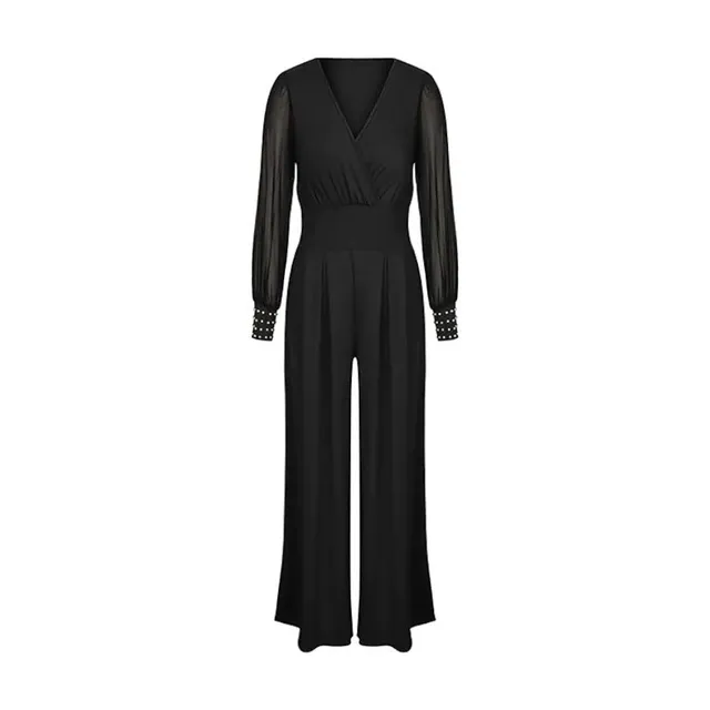 Women's fashionable sexy jumpsuit with V-neckline, shimmering semi-transparent mesh, wide legs and pockets