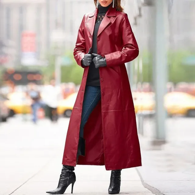 Women's long leatherette coat in red with long sleeves