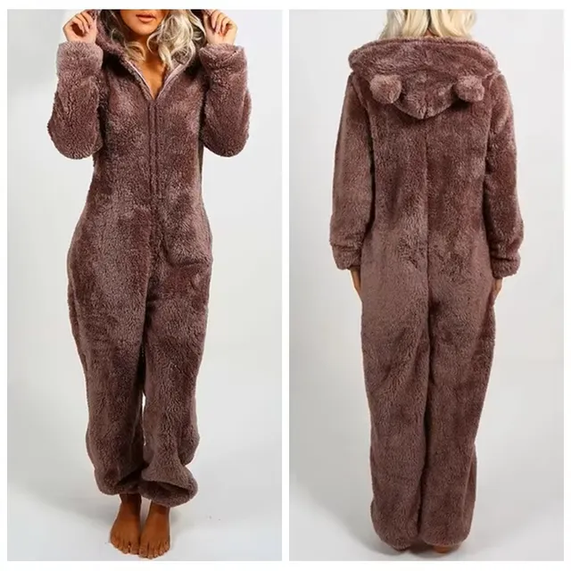 Cute plush jumpsuit with teddy bear and hood, zipper and long sleeves - women's pajamas