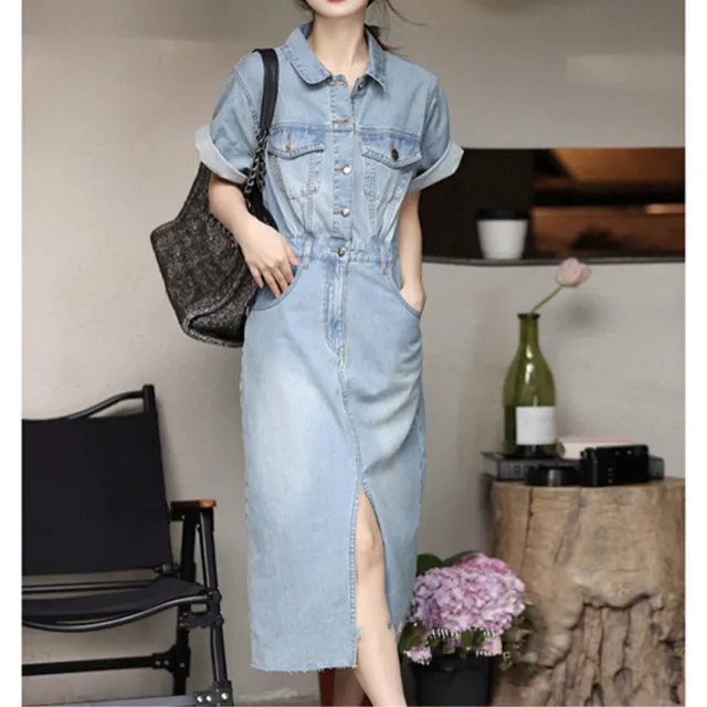 Royal blue denim dress with short sleeves, single-breasted lapel collar, casual, women's