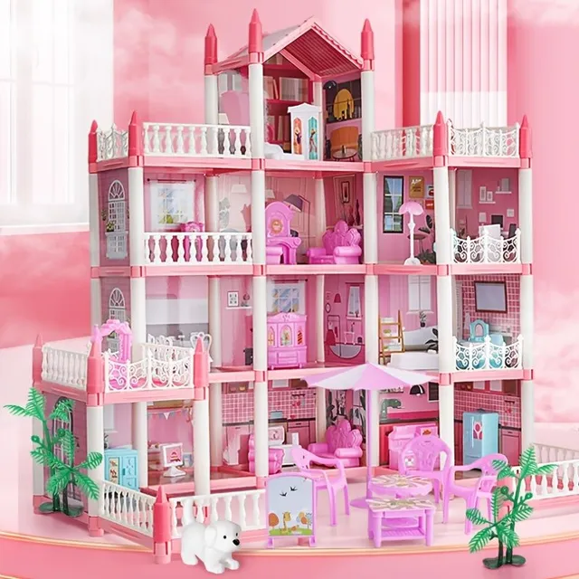 Růžový dětský domeček na hraní - DIY stavebnice s nábytkem pro holčičky