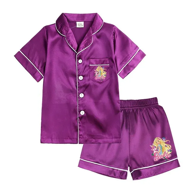 Pijama modernă pentru fete, formată din două piese, din material lucios, cu motivul Barbie