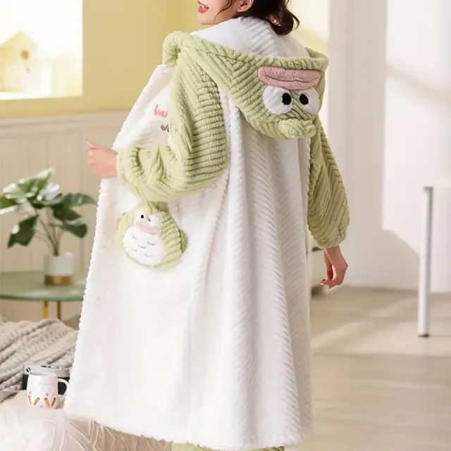 Warm robe with hood and cartoon motif, long bathrobe with buttons and pockets