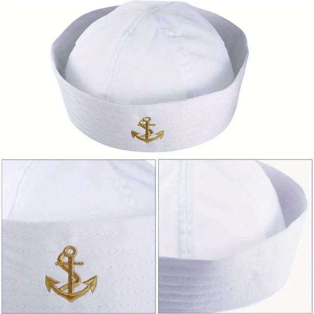 Adjustable white sailor cap captain with gold embroidery for costumes and thematic parties