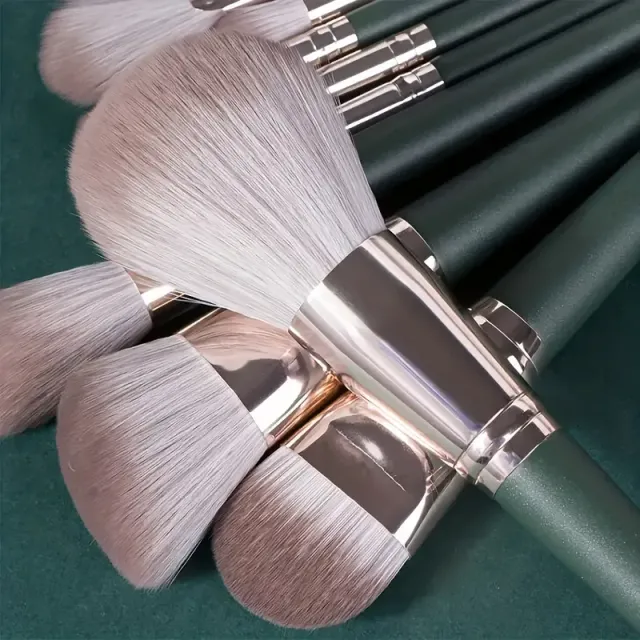 Luxury 14-piece set of make-up brushes - stuffed, green professional brushes for detailed make-up of whole face and eyes