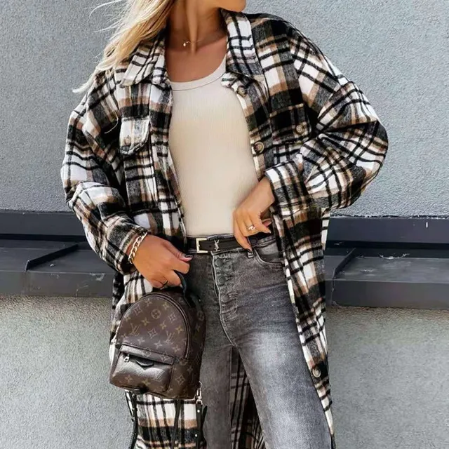 Long plaid coat with long sleeves in wool blend coffee-black l