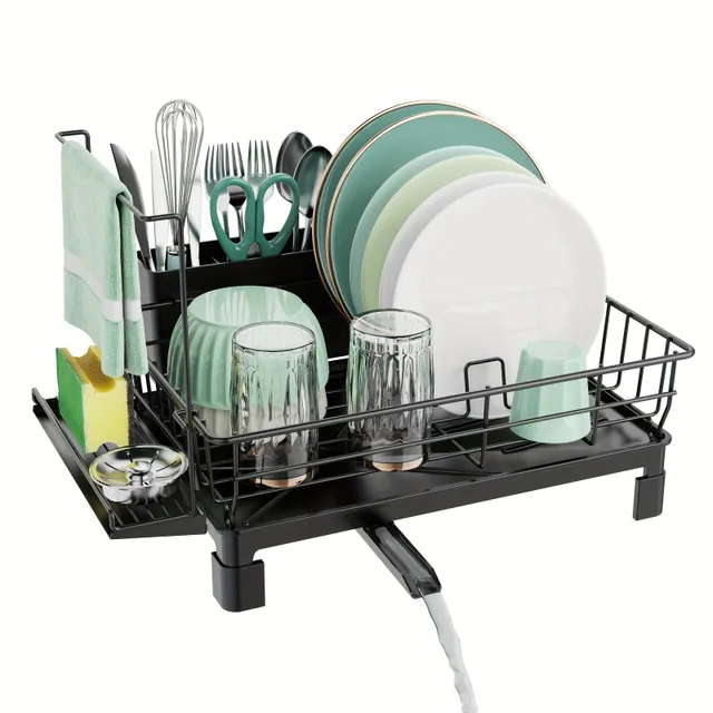 Odkapávací rošt na kuchyňskou linku, Jednoúrovňový sušák na nádobí s velkou kapacitou, Kompaktní odkapávač nádobí s držákem na náčiní a výpustí vody, Kuchyňské doplňky