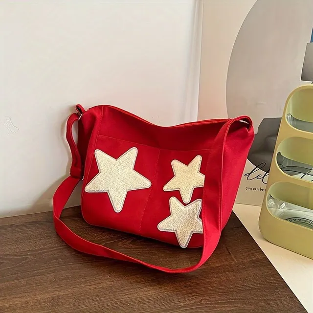 Trendy crossbody kabelka z plátna s hviezdou pentagram pre dievčatá - veľká kapacita