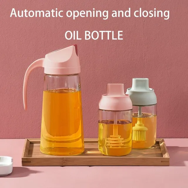 Oil / sauce / syrup / vinegar dispenser Leak-proof glass bottle with automatic lid opening