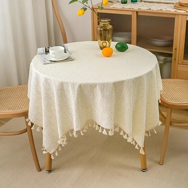 Ubrus macramé, small, fresh style, pasture decoration table, rectangular with pattern flowers daisies, dustproof tablecloth with fringes