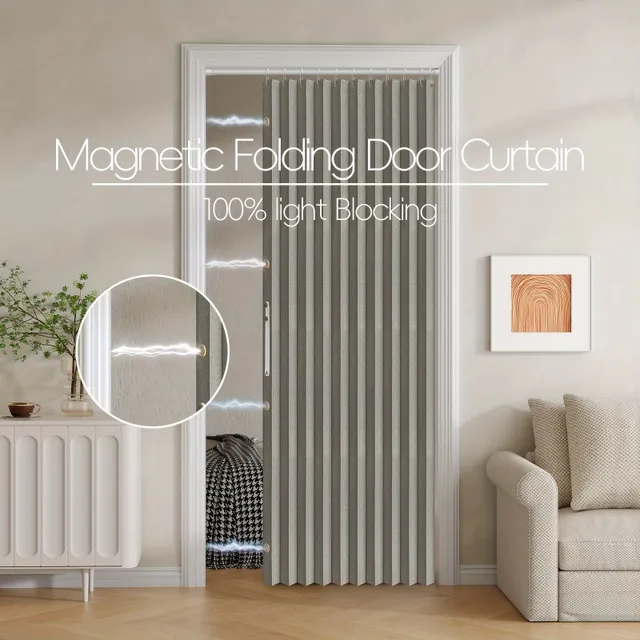 Magnetic thermal insulated folding door curtains and privacy screen - easy to install, wind resistant