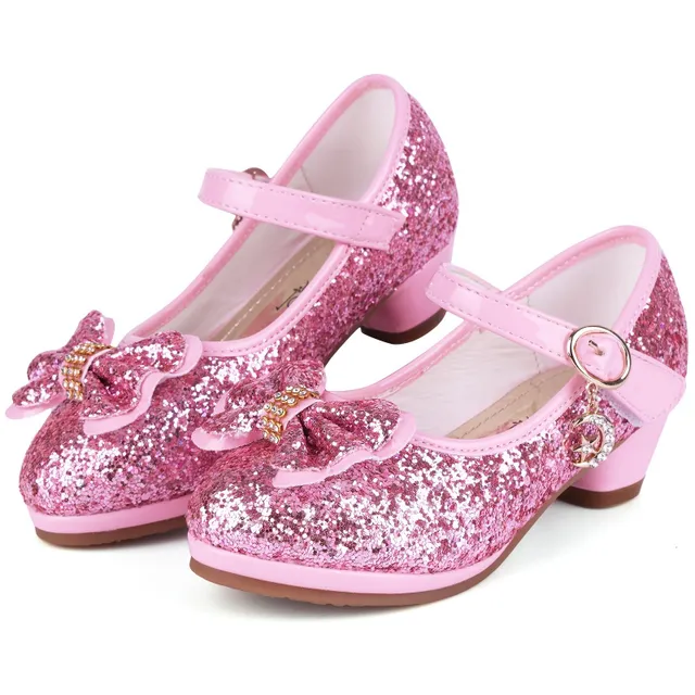 Sandálky pro holčičky s třpytkami a mašlí, blyštivé párty boty na vysokém podpatku - svatební a narozeninové společenské boty