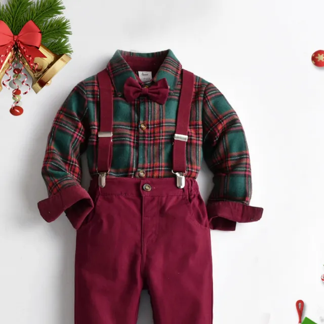 Conjunto de dos piezas para niños de algodón puro - camisa con cuello y pantalones con tirantes