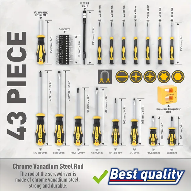 Professional set of magnetic screwdrivers with case: Chromed vanadi steel, Štěrbino, cross, hexagonal, TORX bits, Precision screwdrivers, Resistable tools