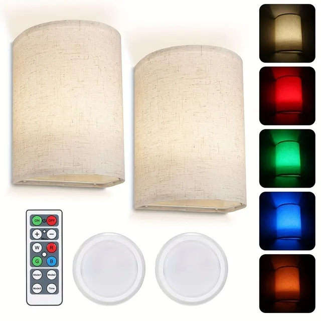 2x Wireless magnetic wall lamp with fabric shade, rechargeable, RGBW colors, remote control, 16 colours, dimmable - Ideal for bedroom, living room, corridor